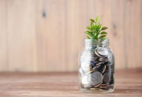 Investments - a glass jar filled with coins and a plant